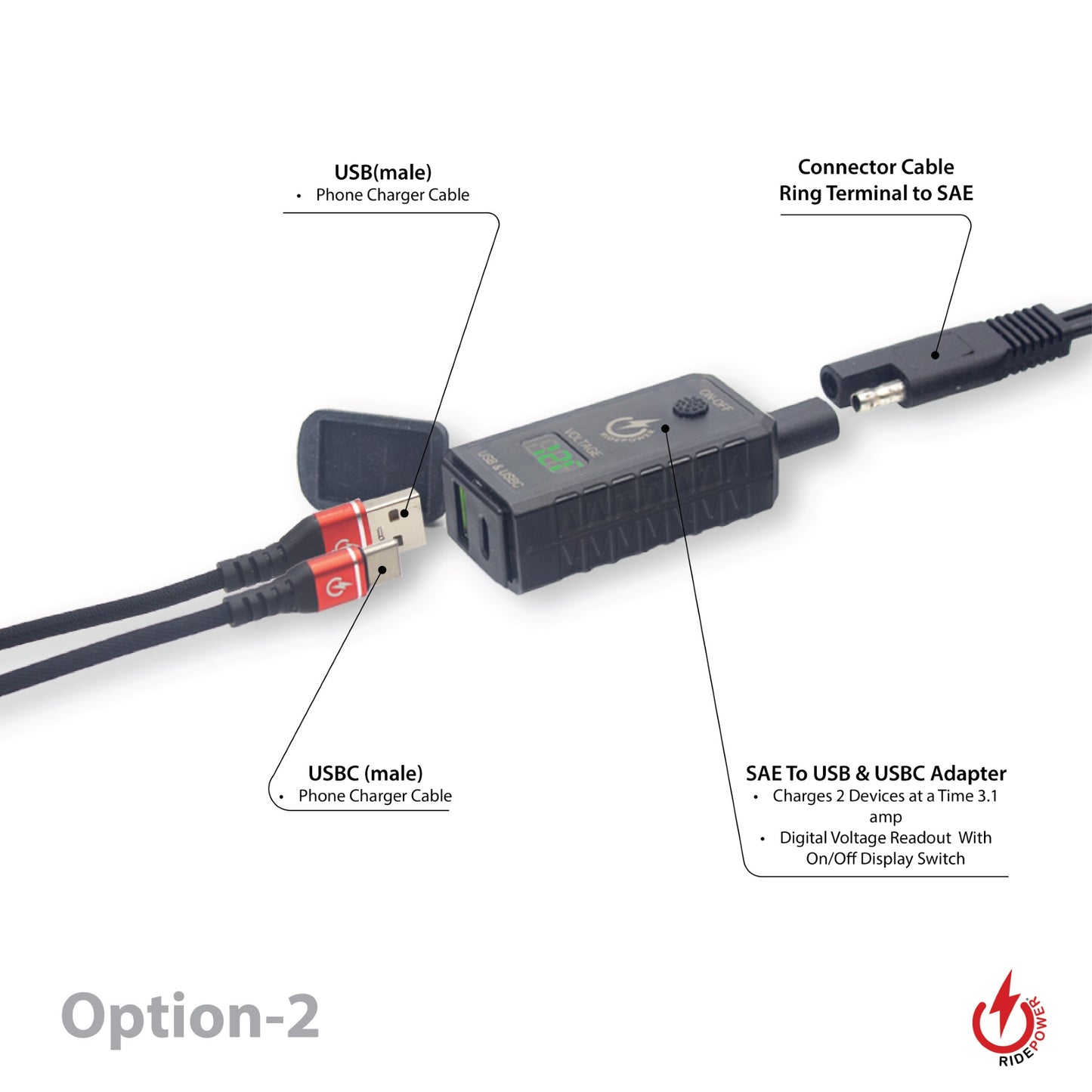 SAE to USBC & USB power Adapter with Switched on off Digital Voltage Display