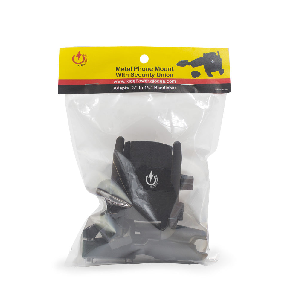 Small All Metal Phone mount with articulating ball mounting Technology and Security Union Hold devices up to 3 1/4" wide and 7/16" thick