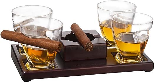 The Wine Savant Cigar Glasses Tray & Ash Tray, 4 Whiskey Cigar Glasses Slot to Hold Cigar, Whiskey Glass Gift Set, Cigar Rest, Accessory Set Gift for Dad, Men Home Office Decor Gifts, Man Cave by The Wine Savant