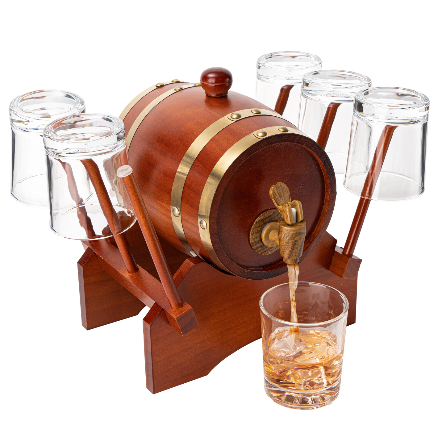 Barrel Decanter with 6 Whiskey Glasses by The Wine Savant - 1000 mL Mahogany Wood Old Fashioned Classic Whiskey Decanter Set, Gifts for Him, Father's Day, Gift Ideas by The Wine Savant