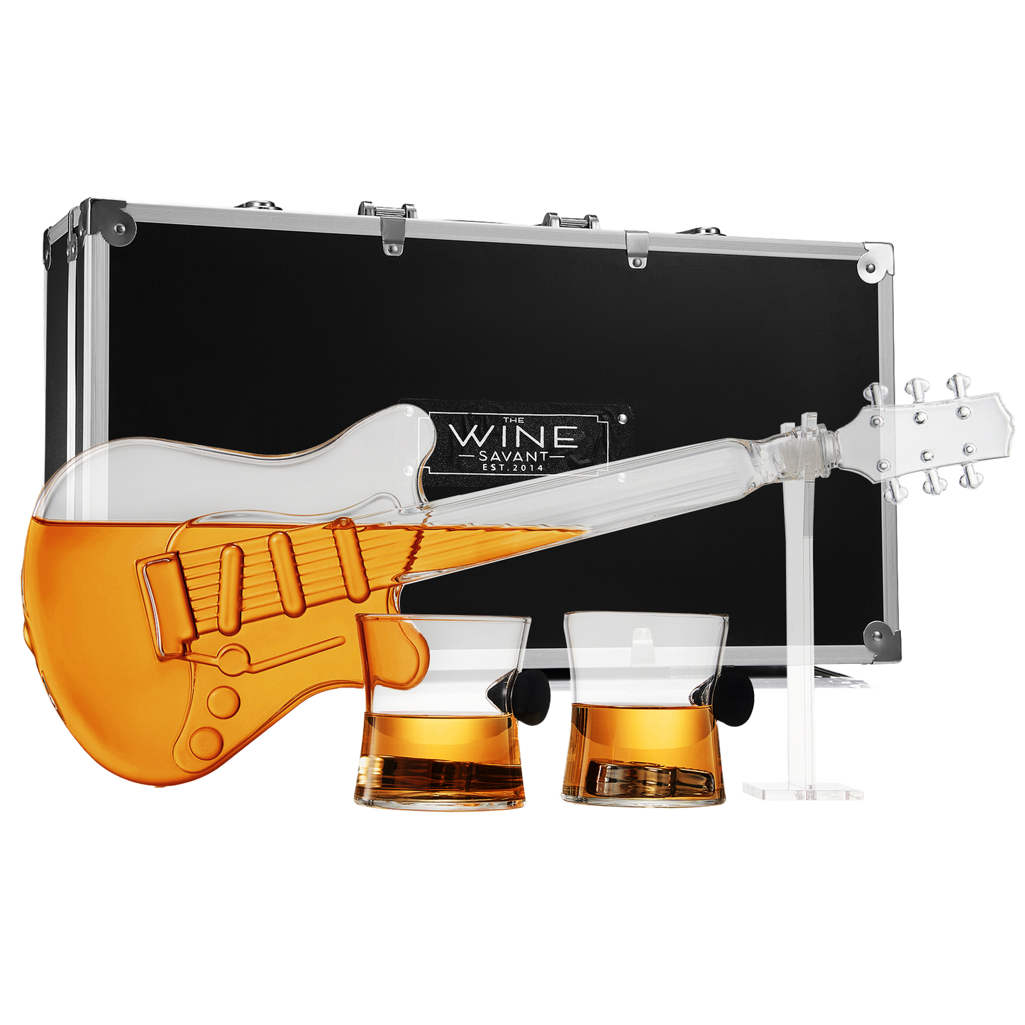 Electric Guitar Whiskey & Wine Decanter with 2 Pick Whiskey Glasses, Acrylic Stand & Case - 34 OZ Glass 16" L for Whiskey Music Lover & Rock N Roll Gifts Musician Music Lovers, Guitar Loves Gifts by The Wine Savant