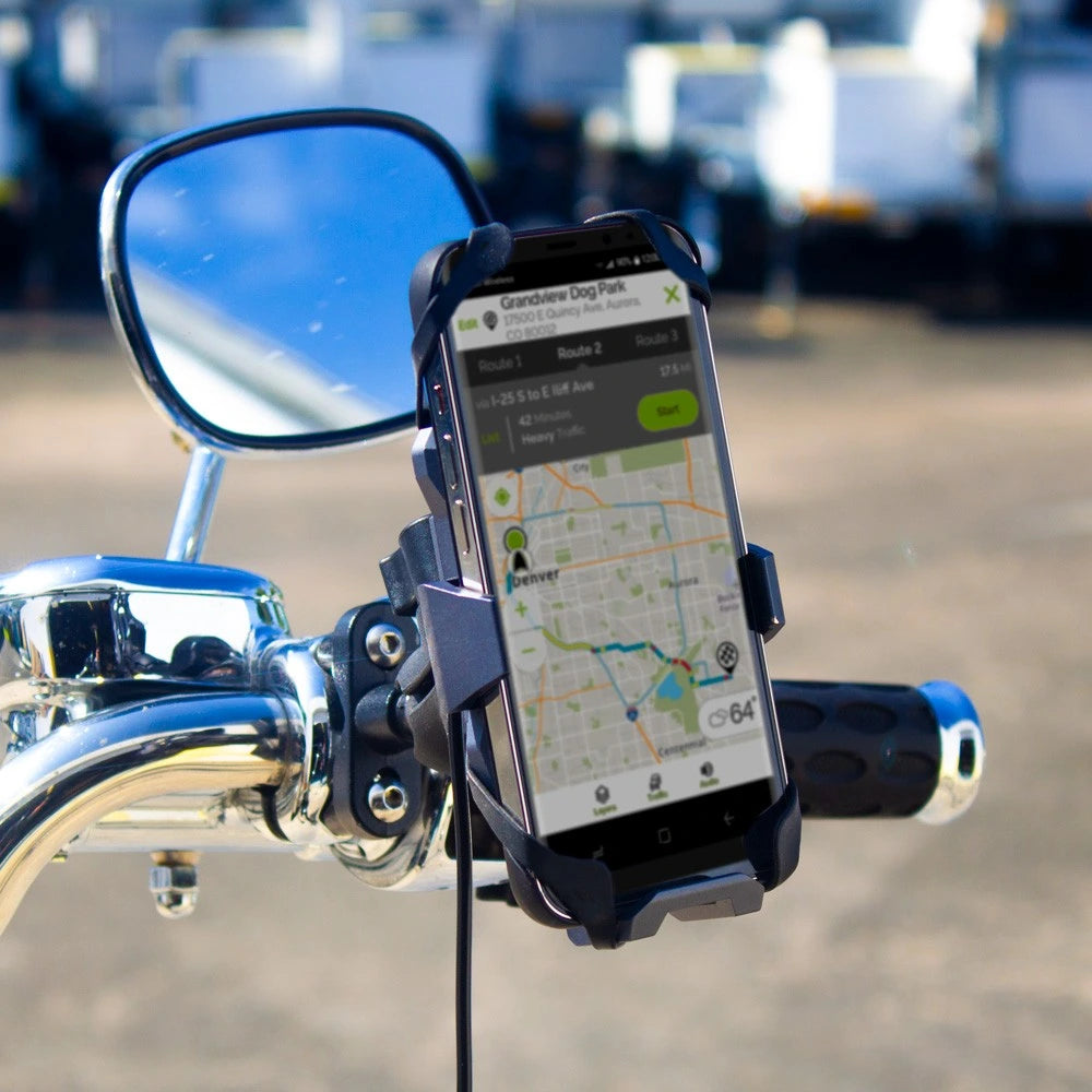 RidePower metal inductive phone mount on motorcycle  IP67 rated vibration dampening