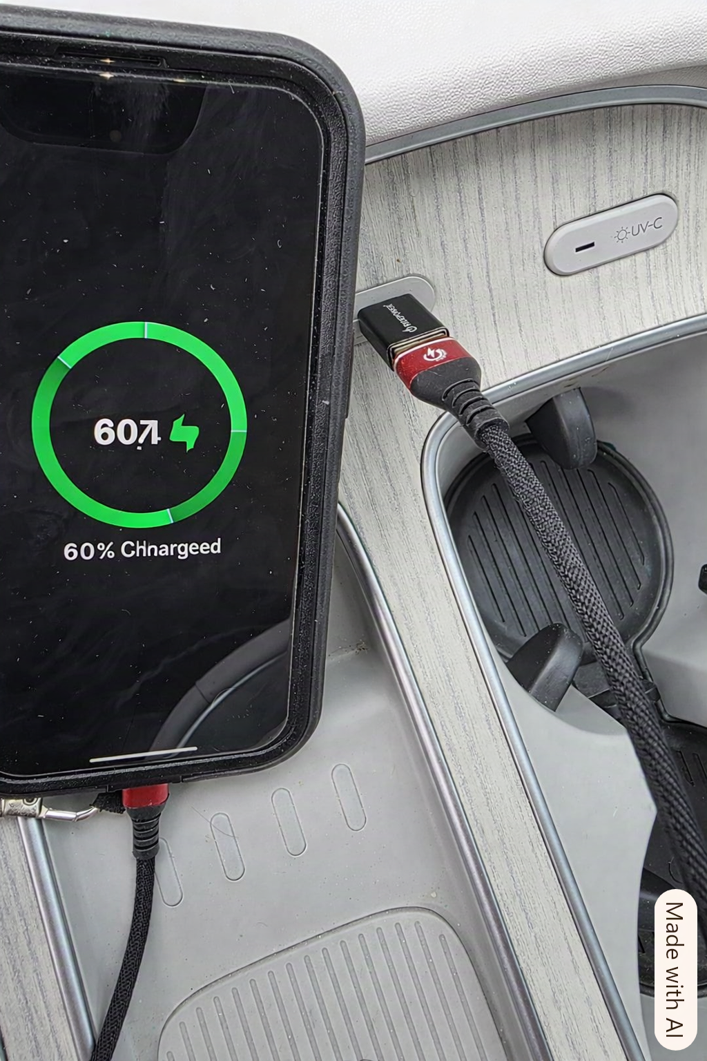 RidePower RPUSBCMUSBFADPT USB-C Male to USB-A Female Adapter charging smartphone in car at 60%
