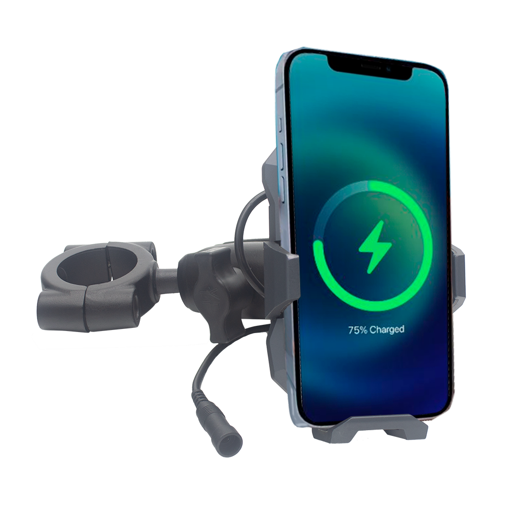 Metal Inductive Charging Phone Mount with 1 1/2" handlebar bracket adapter, Quick Disconnect Power Cable, Vibration Damping