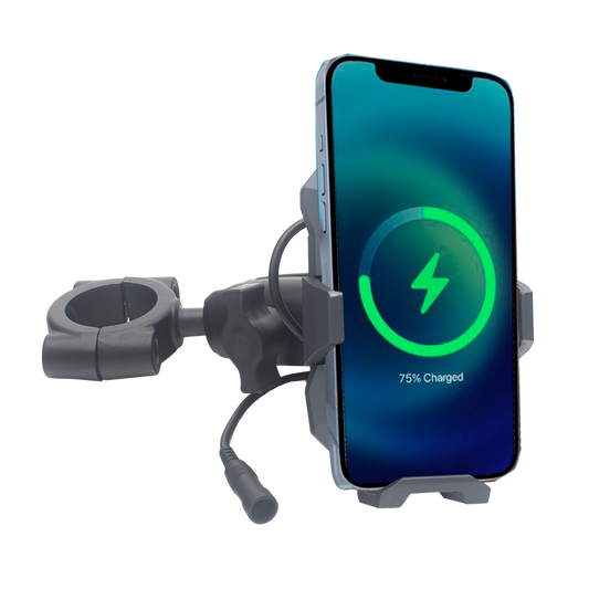 Metal Inductive Charging Phone Mount with 1 1/2" handlebar bracket adapter, Quick Disconnect Power Cable, Vibration Damping