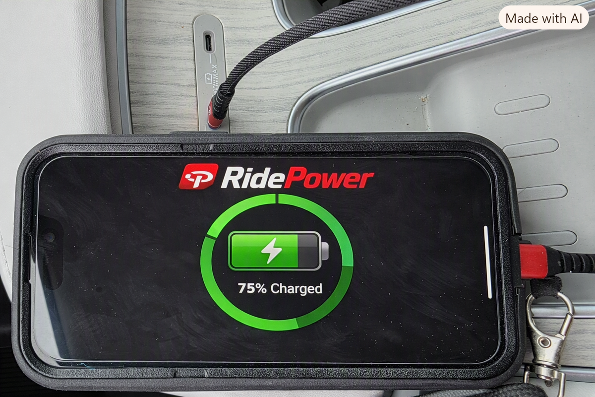 RidePower RPUSBCUSBC75 USB-C to USB-C charging cable powering smartphone to 75% inside car center console
