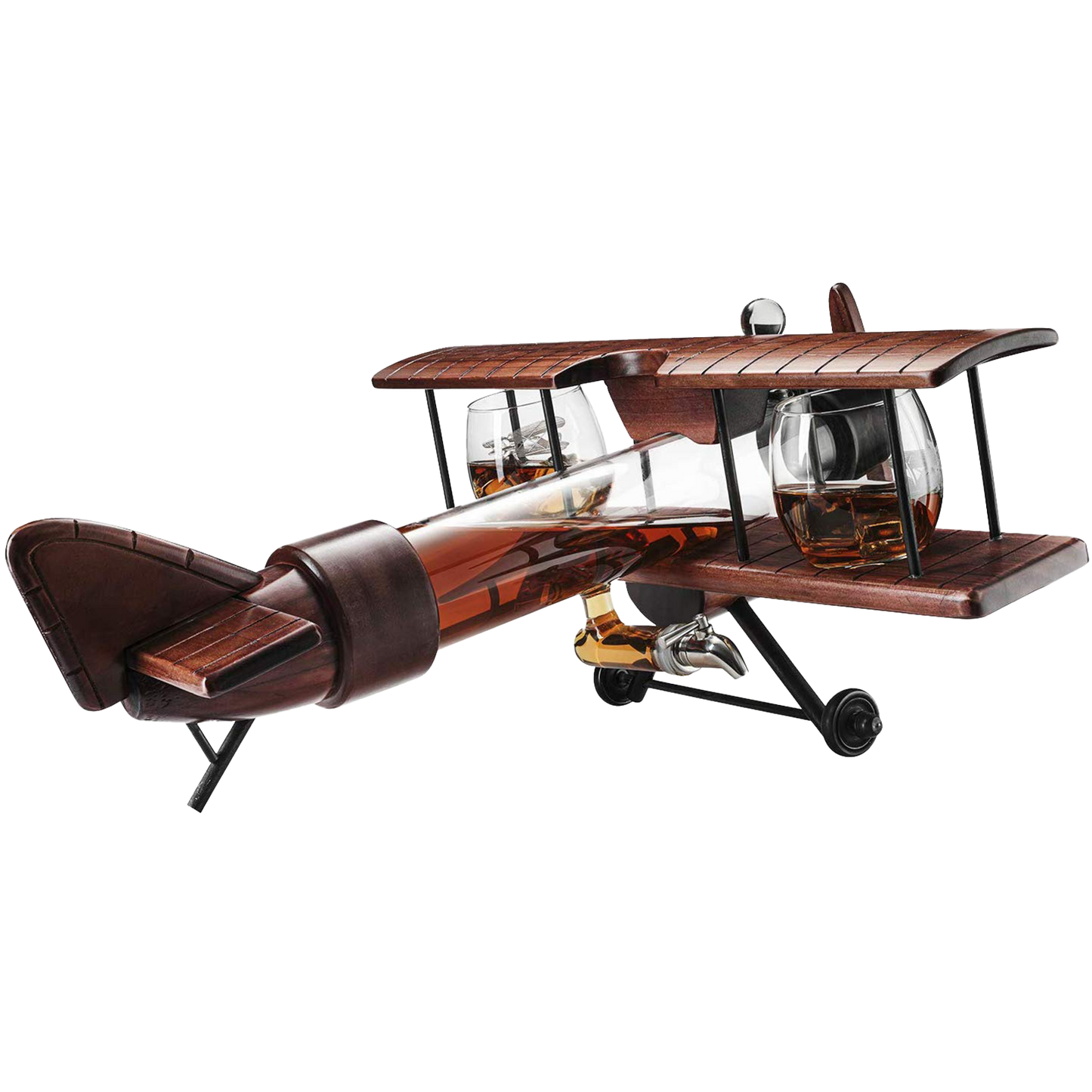 Whiskey & Wine Decanter Airplane Set and Glasses Antique Wood Airplane - The Wine Savant Whiskey Gift Set and 2 Airplane Glasses, Pilot Gift Moving Parts- Alcohol Related Gift, BAR DECOR Large 21" by The Wine Savant