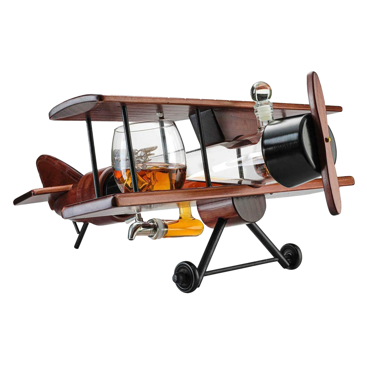 Whiskey & Wine Decanter Airplane Set and Glasses Antique Wood Airplane - The Wine Savant Whiskey Gift Set and 2 Airplane Glasses, Pilot Gift Moving Parts- Alcohol Related Gift, BAR DECOR Large 21" by The Wine Savant