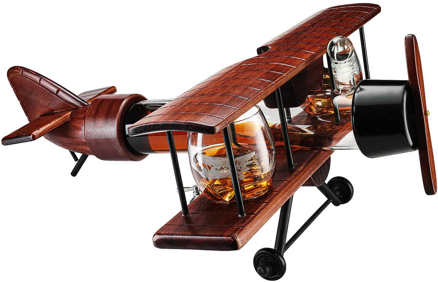 Whiskey & Wine Decanter Airplane Set and Glasses Antique Wood Airplane - The Wine Savant Whiskey Gift Set and 2 Airplane Glasses, Pilot Gift Moving Parts- Alcohol Related Gift, BAR DECOR Large 21" by The Wine Savant