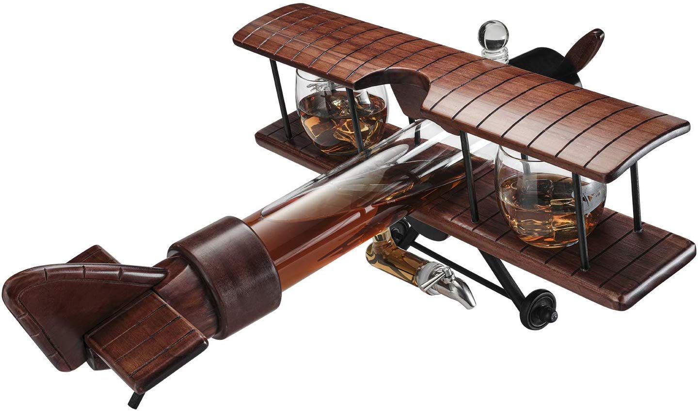 Whiskey & Wine Decanter Airplane Set and Glasses Antique Wood Airplane - The Wine Savant Whiskey Gift Set and 2 Airplane Glasses, Pilot Gift Moving Parts- Alcohol Related Gift, BAR DECOR Large 21" by The Wine Savant