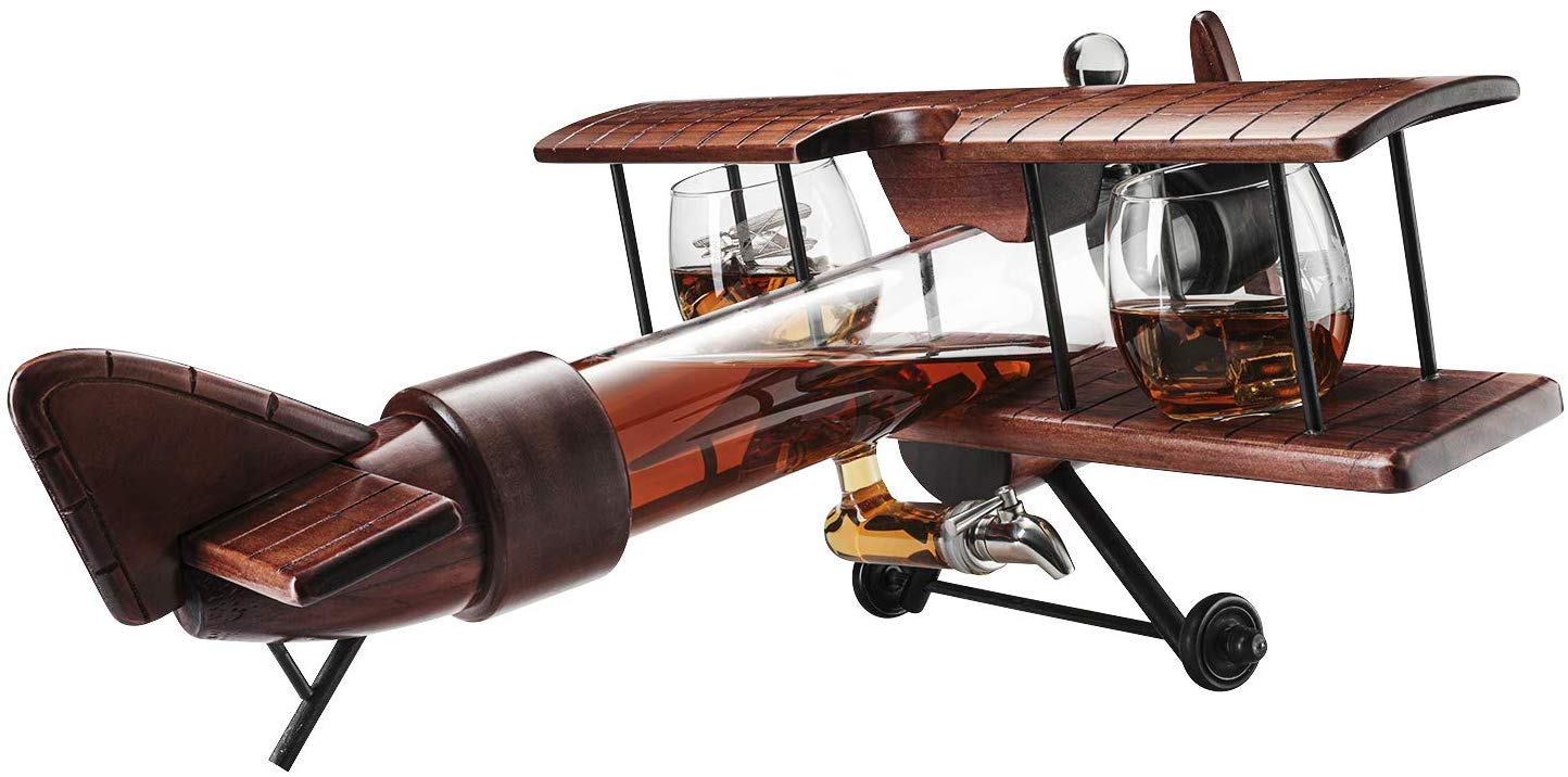 Whiskey & Wine Decanter Airplane Set and Glasses Antique Wood Airplane - The Wine Savant Whiskey Gift Set and 2 Airplane Glasses, Pilot Gift Moving Parts- Alcohol Related Gift, BAR DECOR Large 21" by The Wine Savant