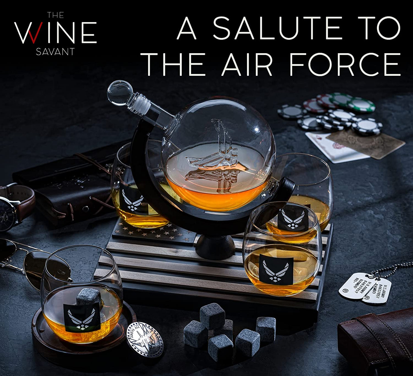 Airforce Whiskey Decanter Set with 4 Liquor Glasses Air Force Whisky Decanter & Glass Set with Wood Base & 9 Whiskey Stones - US Airforce Gifts for Men - Globe Bourbon & Scotch Gifts for Dad by The Wine Savant