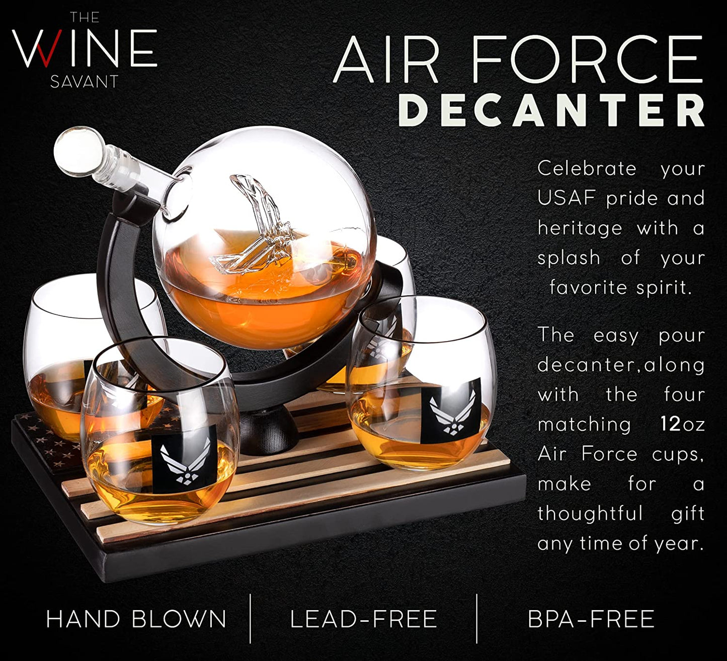 Airforce Whiskey Decanter Set with 4 Liquor Glasses Air Force Whisky Decanter & Glass Set with Wood Base & 9 Whiskey Stones - US Airforce Gifts for Men - Globe Bourbon & Scotch Gifts for Dad by The Wine Savant