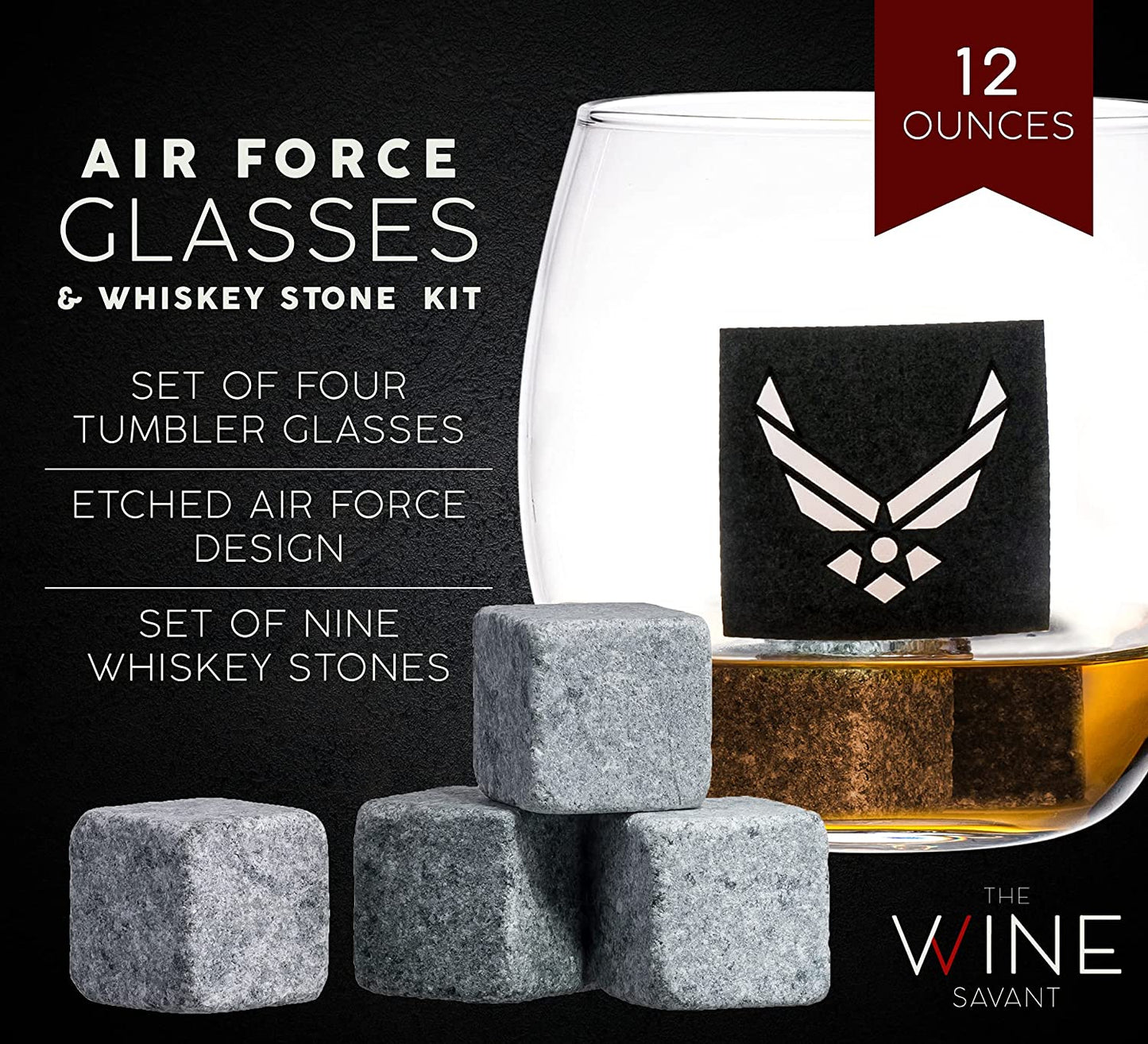 Airforce Whiskey Decanter Set with 4 Liquor Glasses Air Force Whisky Decanter & Glass Set with Wood Base & 9 Whiskey Stones - US Airforce Gifts for Men - Globe Bourbon & Scotch Gifts for Dad by The Wine Savant