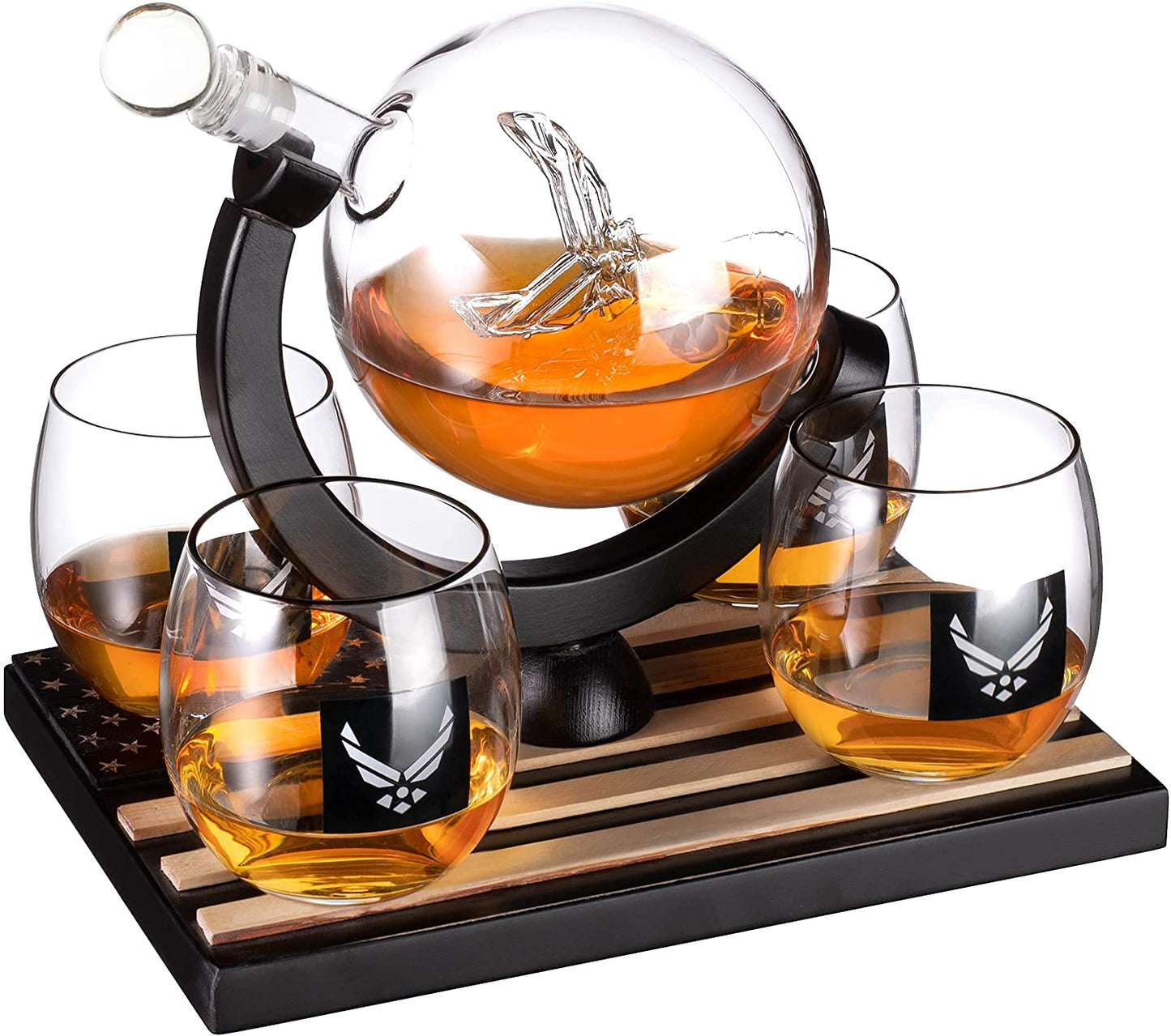 Airforce Whiskey Decanter Set with 4 Liquor Glasses Air Force Whisky Decanter & Glass Set with Wood Base & 9 Whiskey Stones - US Airforce Gifts for Men - Globe Bourbon & Scotch Gifts for Dad by The Wine Savant