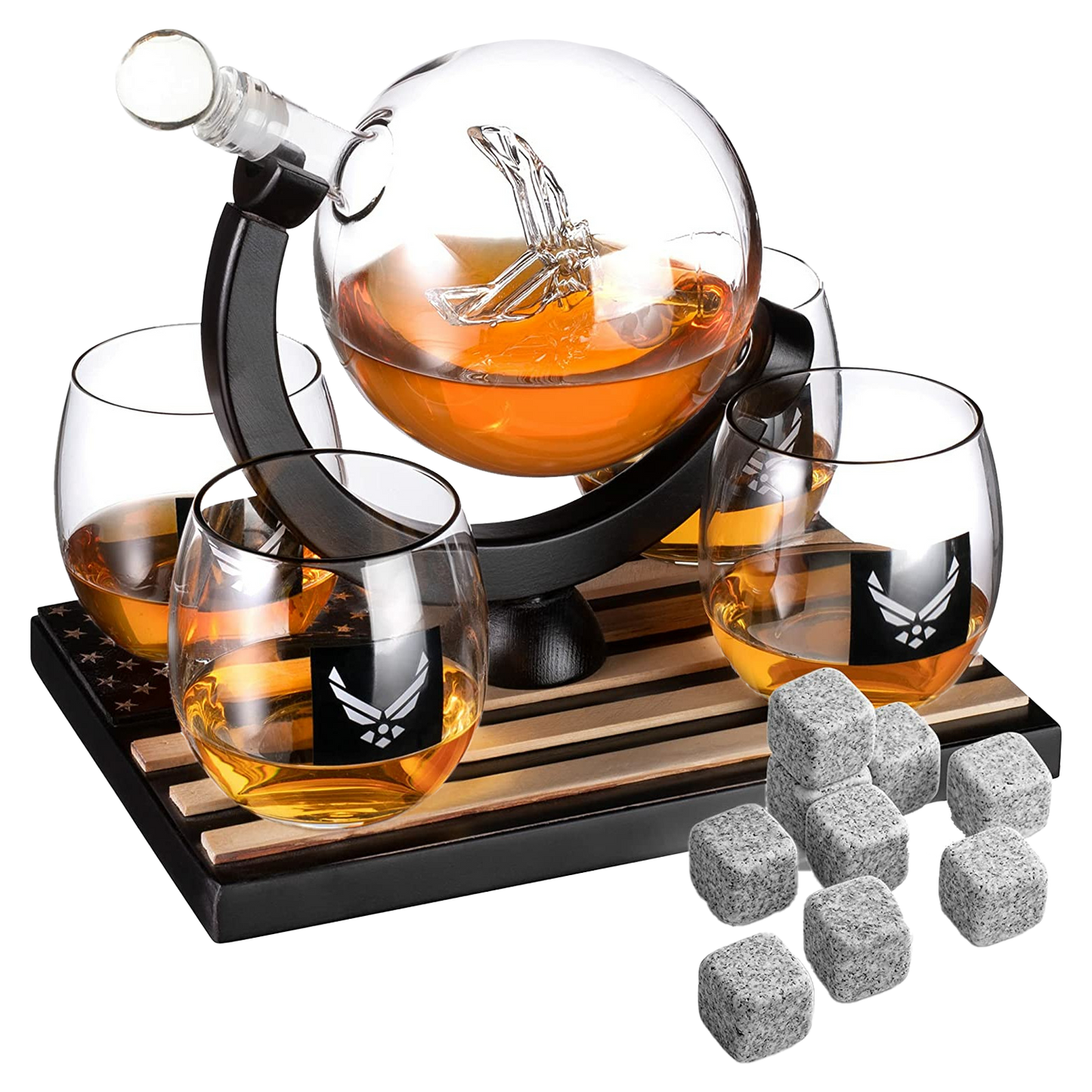 Airforce Whiskey Decanter Set with 4 Liquor Glasses Air Force Whisky Decanter & Glass Set with Wood Base & 9 Whiskey Stones - US Airforce Gifts for Men - Globe Bourbon & Scotch Gifts for Dad by The Wine Savant