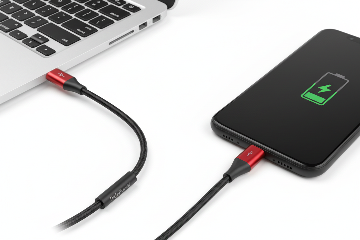 Phone with a charging cable connected to a laptop on a white surface