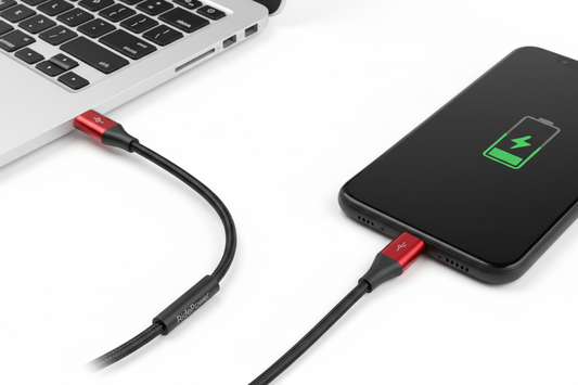 Phone with a charging cable connected to a laptop on a white surface