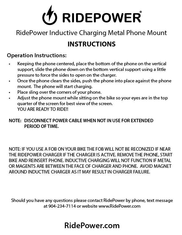 Metal Inductive Charging Phone Mount with 1 1/2" handlebar adapter, Quick Disconnect Power Cable, Vibration Damping