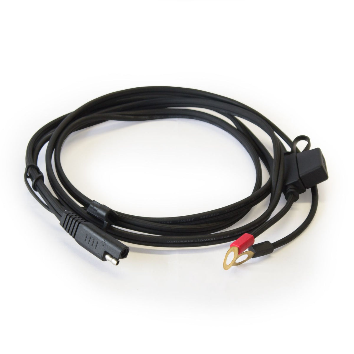 A 6 foot black SAE to Ring Terminal Battery Connector Cable with a 7 1/2 A fuse