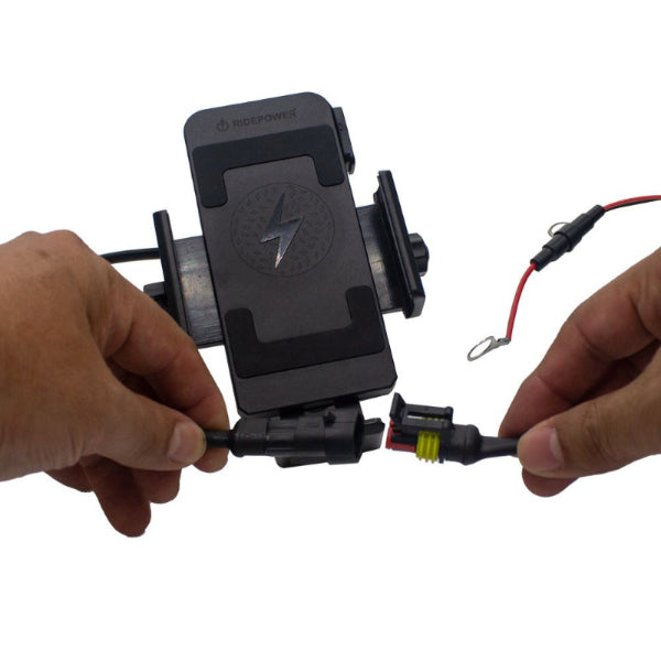 Inductive wireless Charging Phone Mount with ball articulating mounting technology for optimum adjustability 12 to 32 V DC input 74" Quick Disconnect power cable (16" & 58") with fuse and battery ring terminals (5/16"ID)