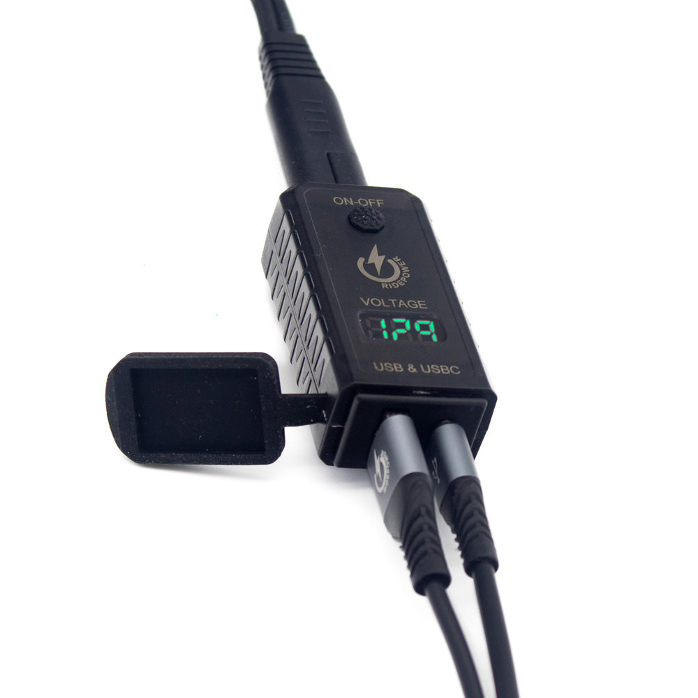 SAE to USBC & USB Port Adapter with switched on off digital voltage display.