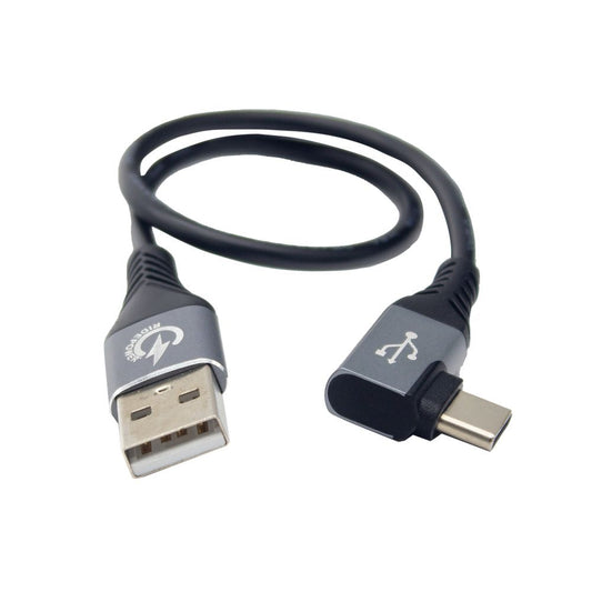 A 12-inch male USB to 90-degree male USBC phone charging cable
